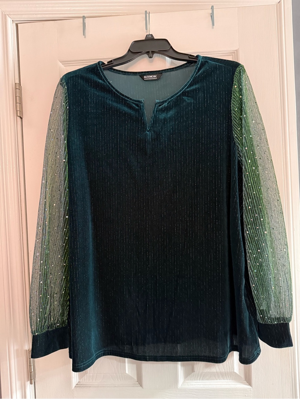 BloomChic dark green Velvet Top with Sheer Green Beaded Sleeves